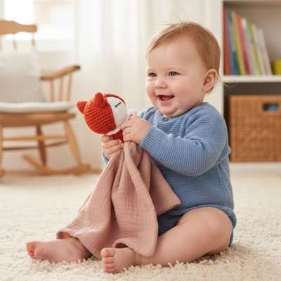 Doudou renard rose en compagnie de bebe