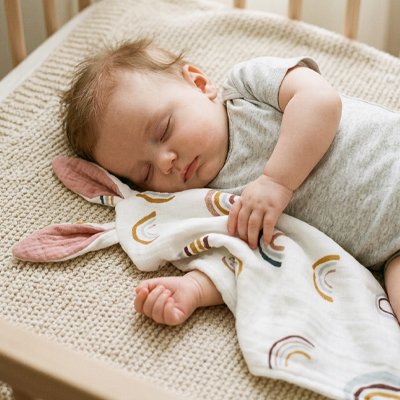 Doudou rose dans les bras de bébé 