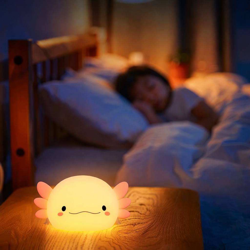 enfant dort paisiblement avec sa veilleuse bébé axolotl