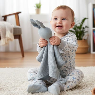  enfant joue avec son Doudou lapin gris
