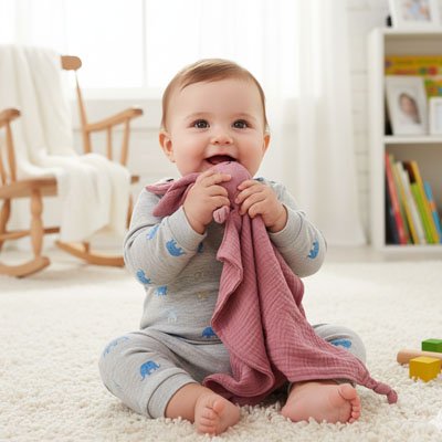 enfant tenant dans ses main un Doudou lapin rose