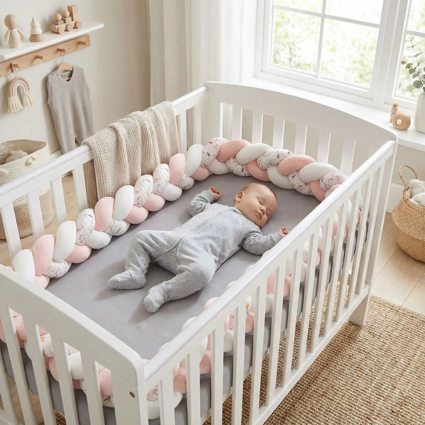 fille dort paisiblement dans un lit entourer de tour de lit tresse