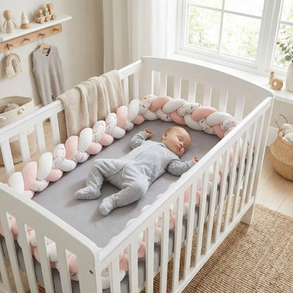 fille dort paisiblement dans un lit entourer de tour de lit tresse