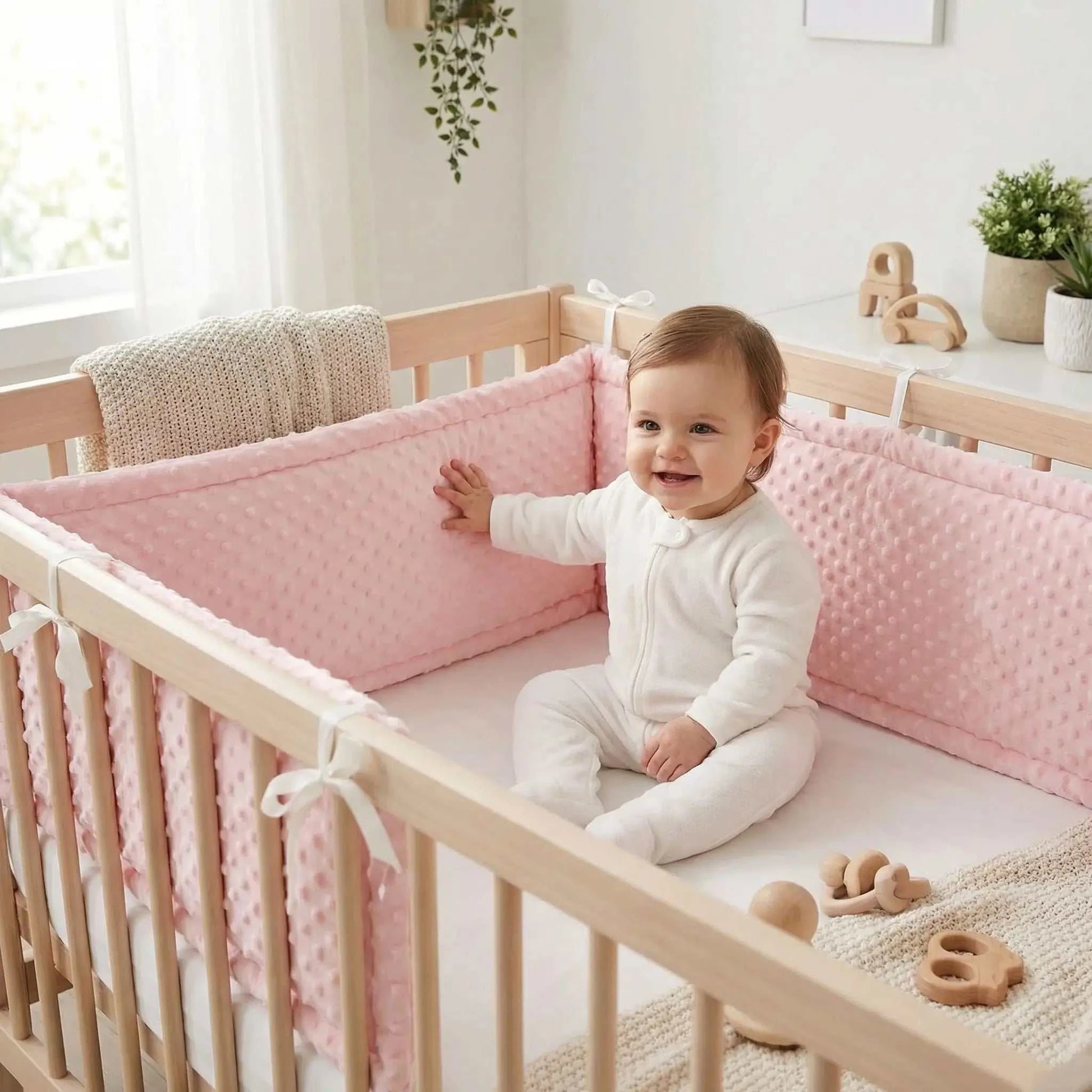 fillette assise dans son lit entourer de tour de lit bebe