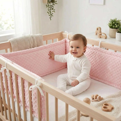 fillette assise dans son lit entourer de tour de lit bebe
