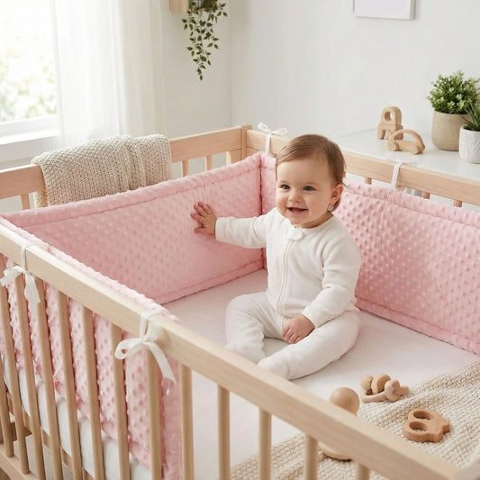 fillette assise dans son lit entourer de tour de lit bébé