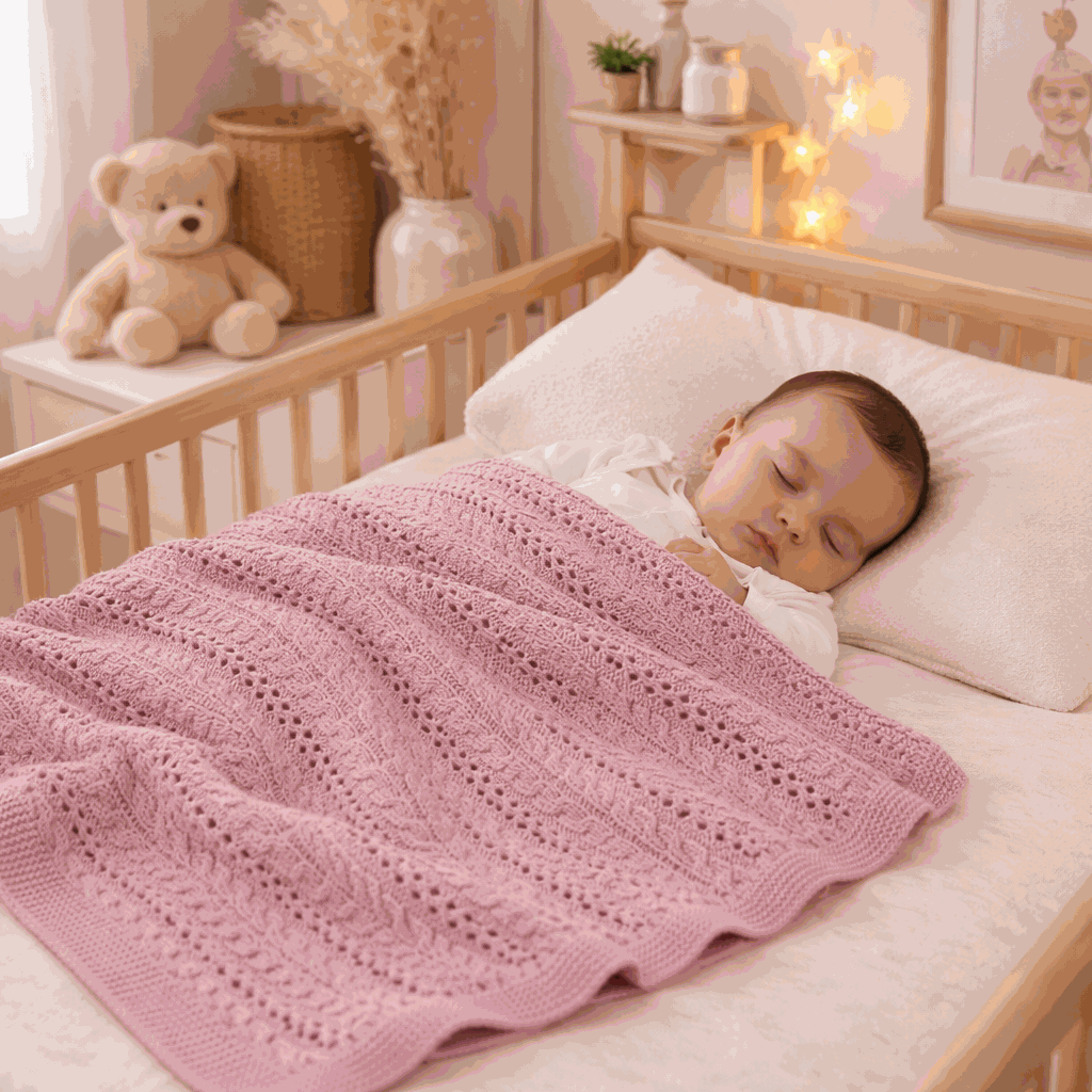 fillette dors dans son lit avec sa couverture bebe tricot rose