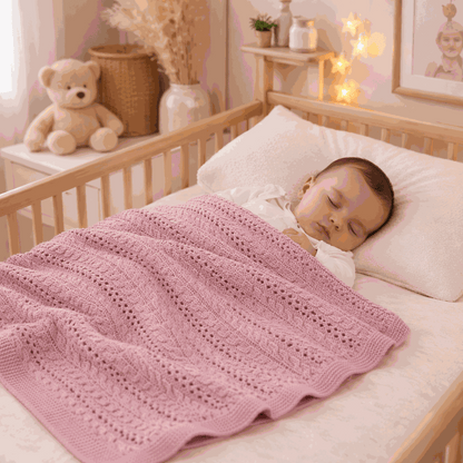 fillette dors dans son lit avec sa couverture bebe tricot rose