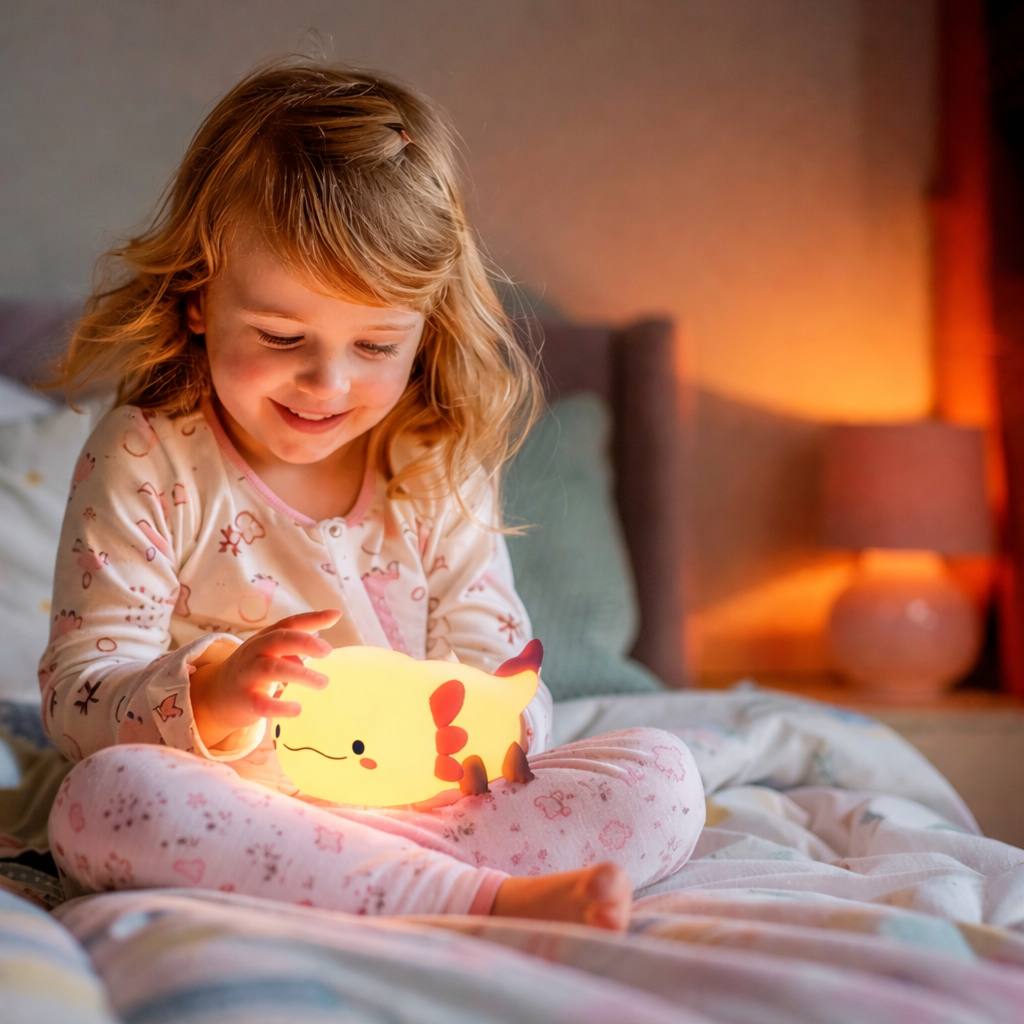 fillette tenant dans ses main une veilleuse bébé axolotl rose