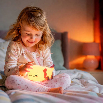 fillette tenant dans ses main une veilleuse bébé axolotl rose