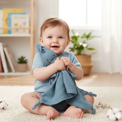 garcon jouant avec son Doudou lapin vieux bleu