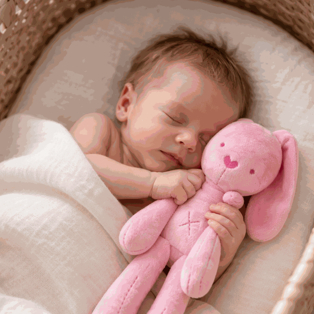 lapin doudou rose dans les bras de bébé