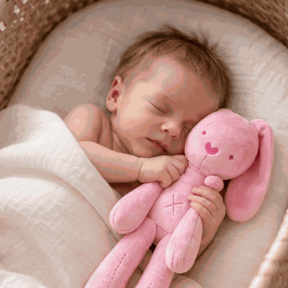 lapin doudou rose dans les bras de bébé