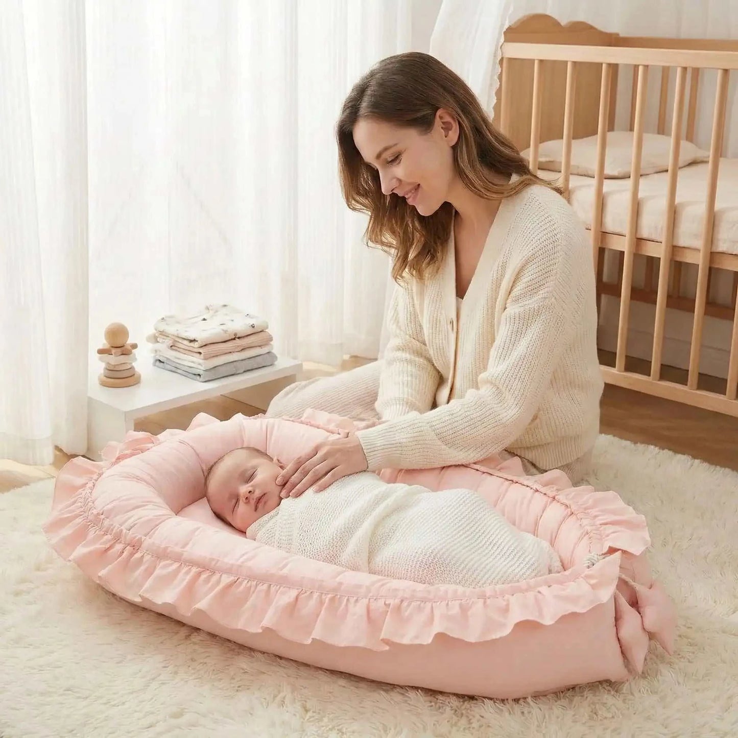 maman a coter de son bébé dans son cocon bébé