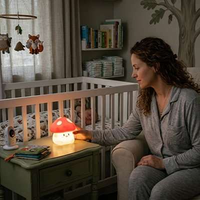 Maman allume la veilleuse bébé champignon avec lumière douce réglable pour nuits apaisées