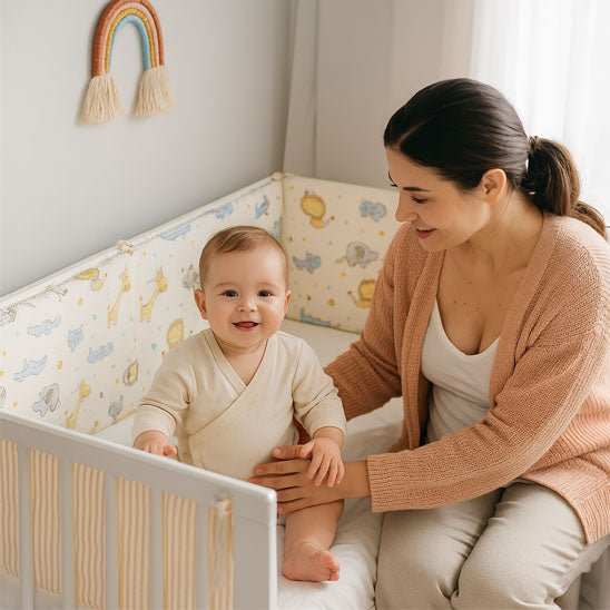 maman assise a cote de bébé dans son lit entourer de tour de lit bébé