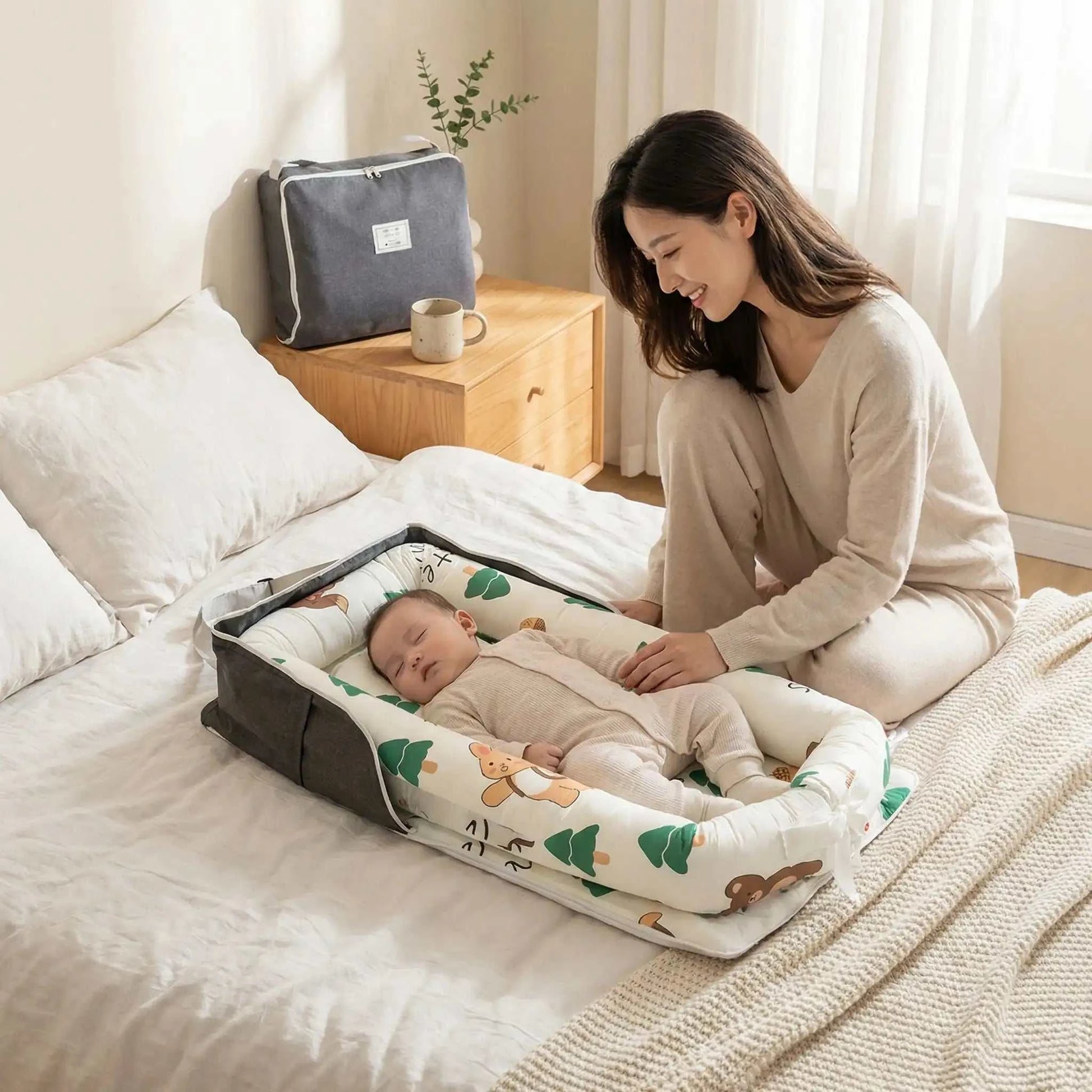 maman assise a coter de son bébé dans son reducteur de lit pour bebe