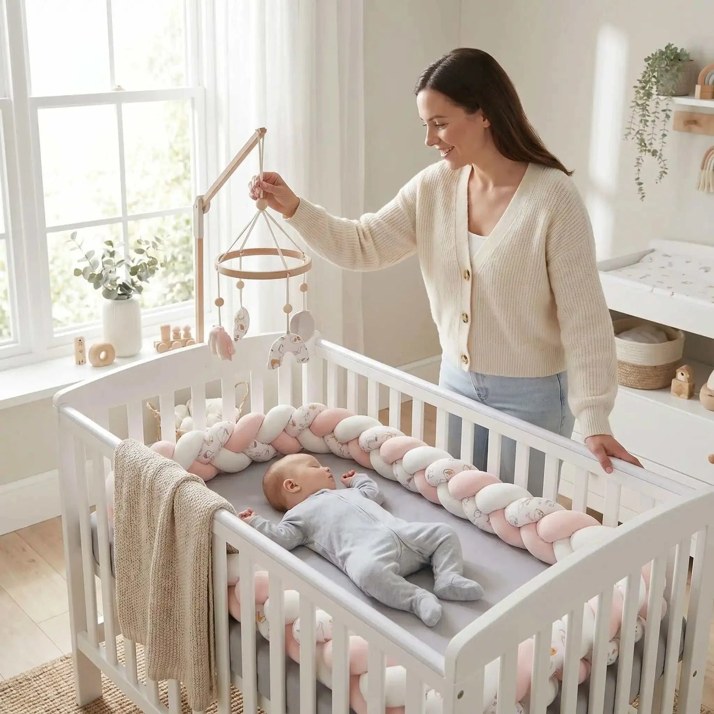 bébé dans berceau entouré d'un tour de lit tressé rose doux et sécurisé maman a coté de lui