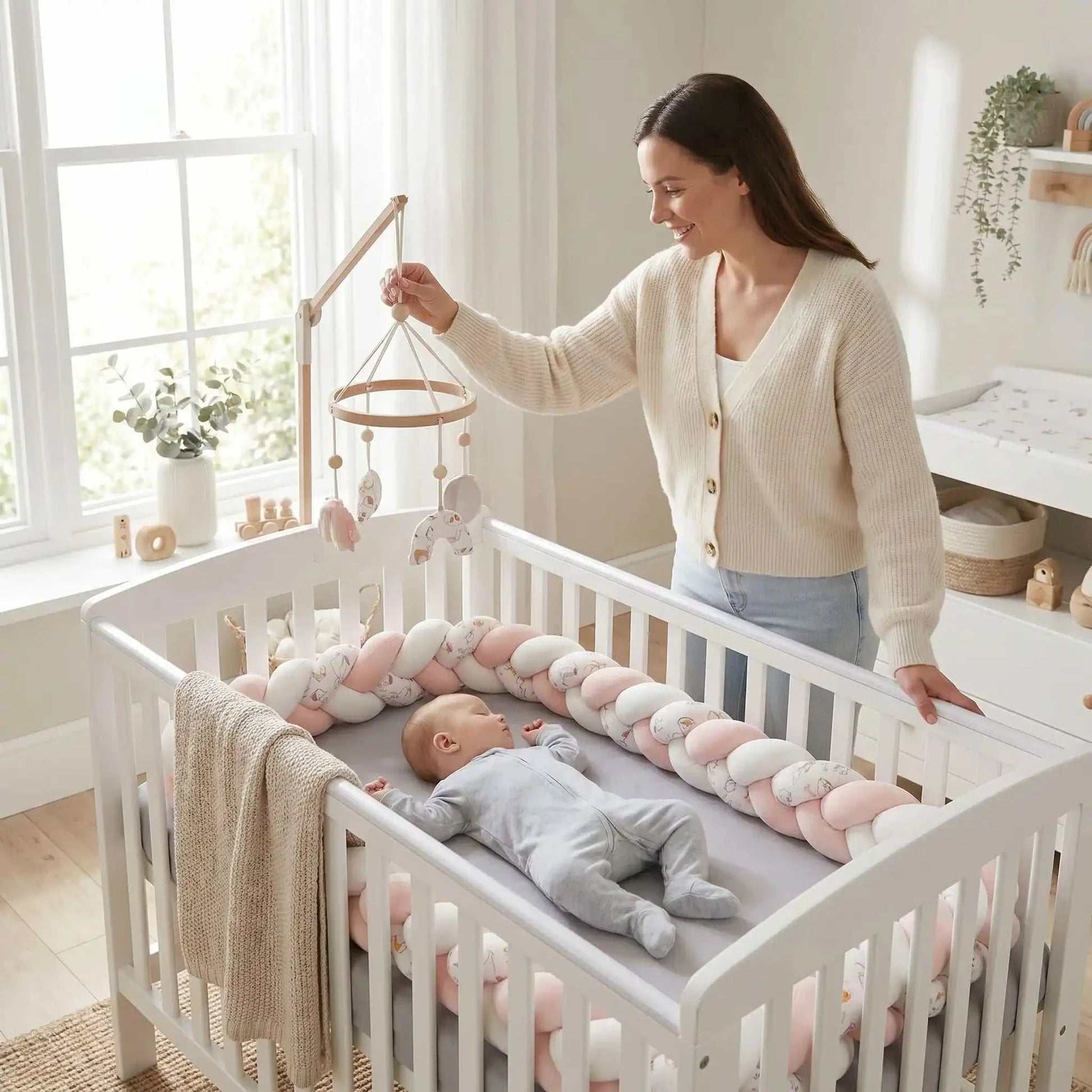 bébé dans berceau entouré d'un tour de lit tressé rose doux et sécurisé maman a coté de lui