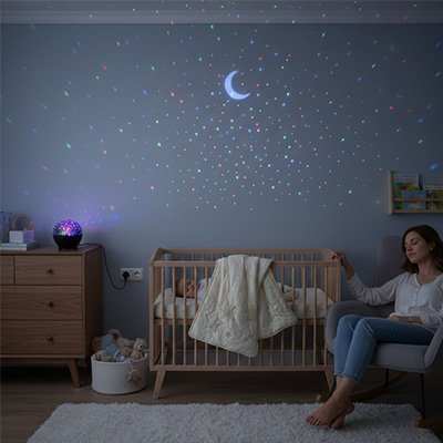 maman dans la chambre de bébé avec la veilleuse projection etoile et lune