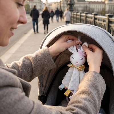 maman donne le lapin doudou a bébé 