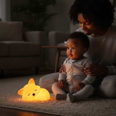 maman et bebe regardant la veilleuse renard 