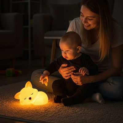 maman et enfant jouant sous la lumière de la veilleuse renard 