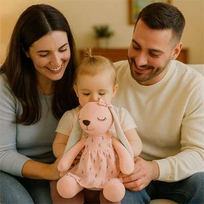 maman et papa regarde leur fille avec sa peluche lapin