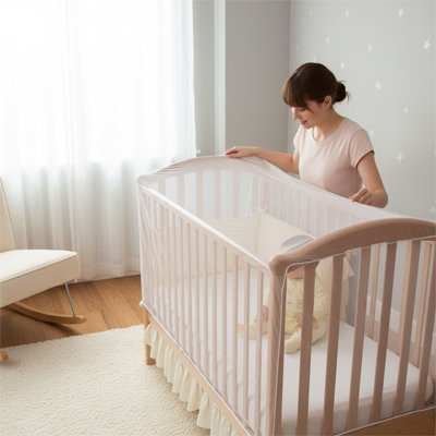 maman met le moustiquaire lit bébé pour protégé bébé 