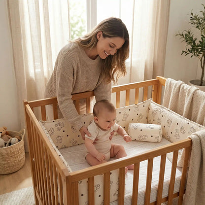maman mettant son bébé un son lit entourer de tour de lit ourson