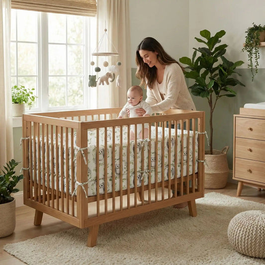 maman mettant son enfant dans son lit protéger par un tour de lit bébé