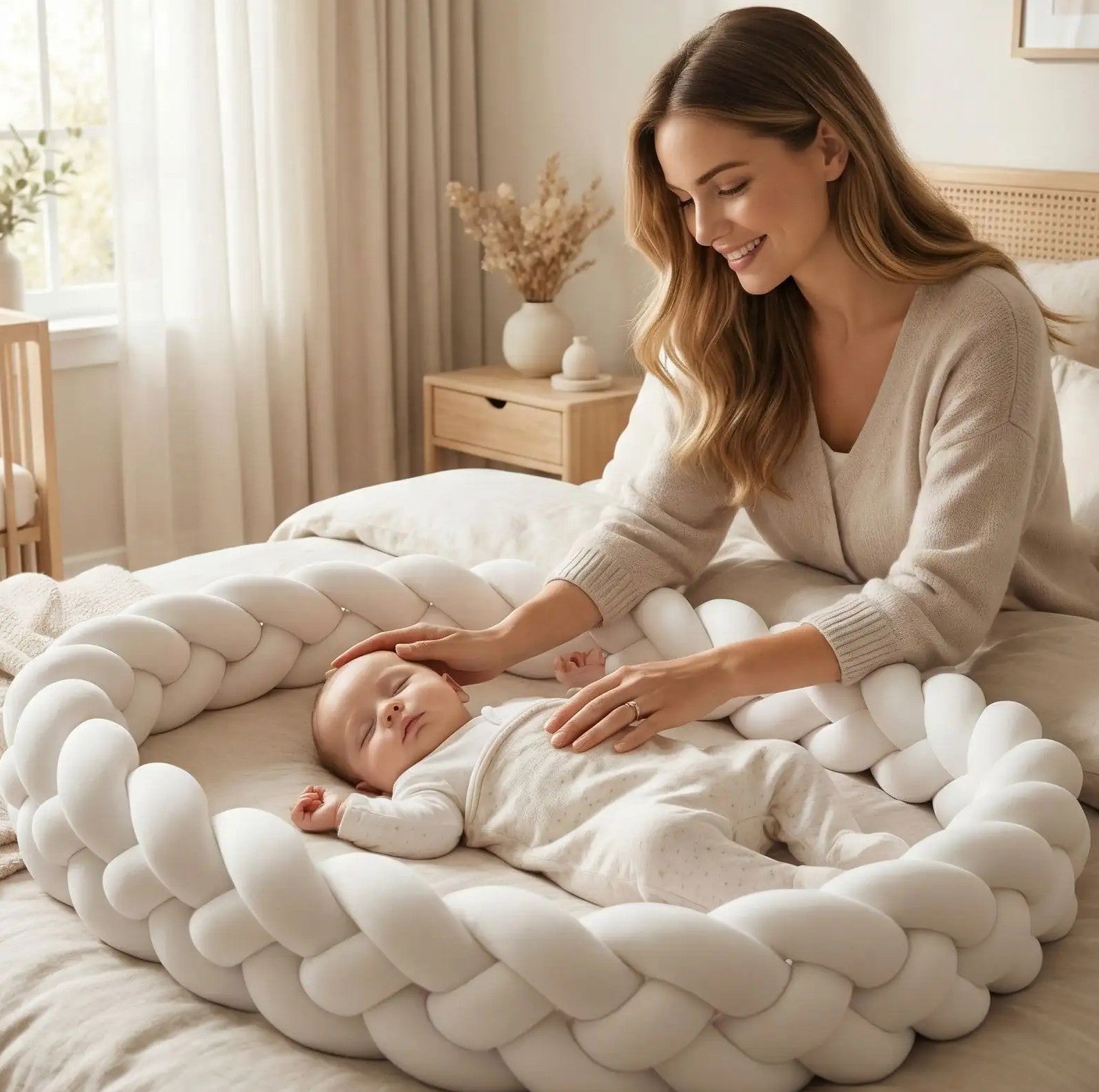 maman regarde bébé dormir entourer de tresse de lit blanche