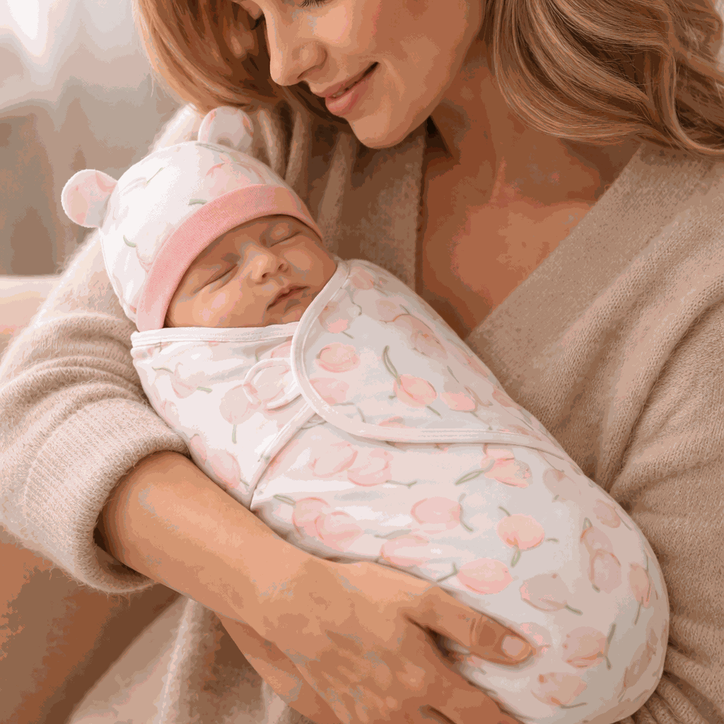 maman serrant dans ses bras sa fille bien envelopper dans son emmaillotage couverture rose pour une bonne sieste