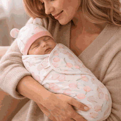 maman serrant dans ses bras sa fille bien envelopper dans son emmaillotage couverture rose pour une bonne sieste