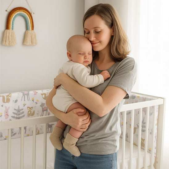 maman tenant son bébé a coter du lit décorer avec un tour de lit bébé