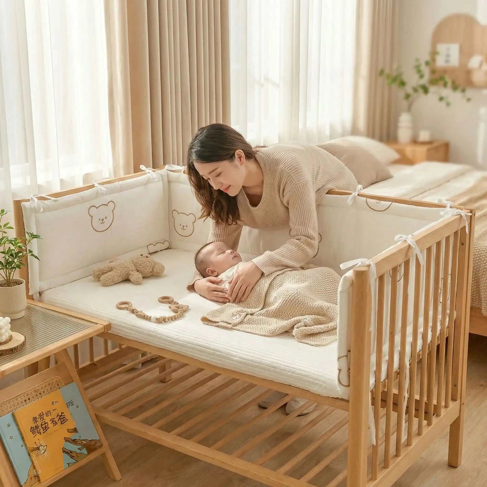 maman berçant son enfant dans sont lit avec un tour de lit ourson