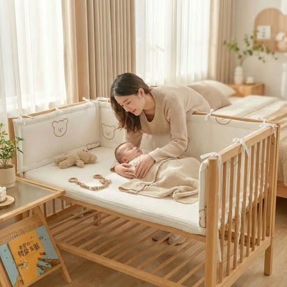 maman berçant son enfant dans sont lit avec un tour de lit ourson