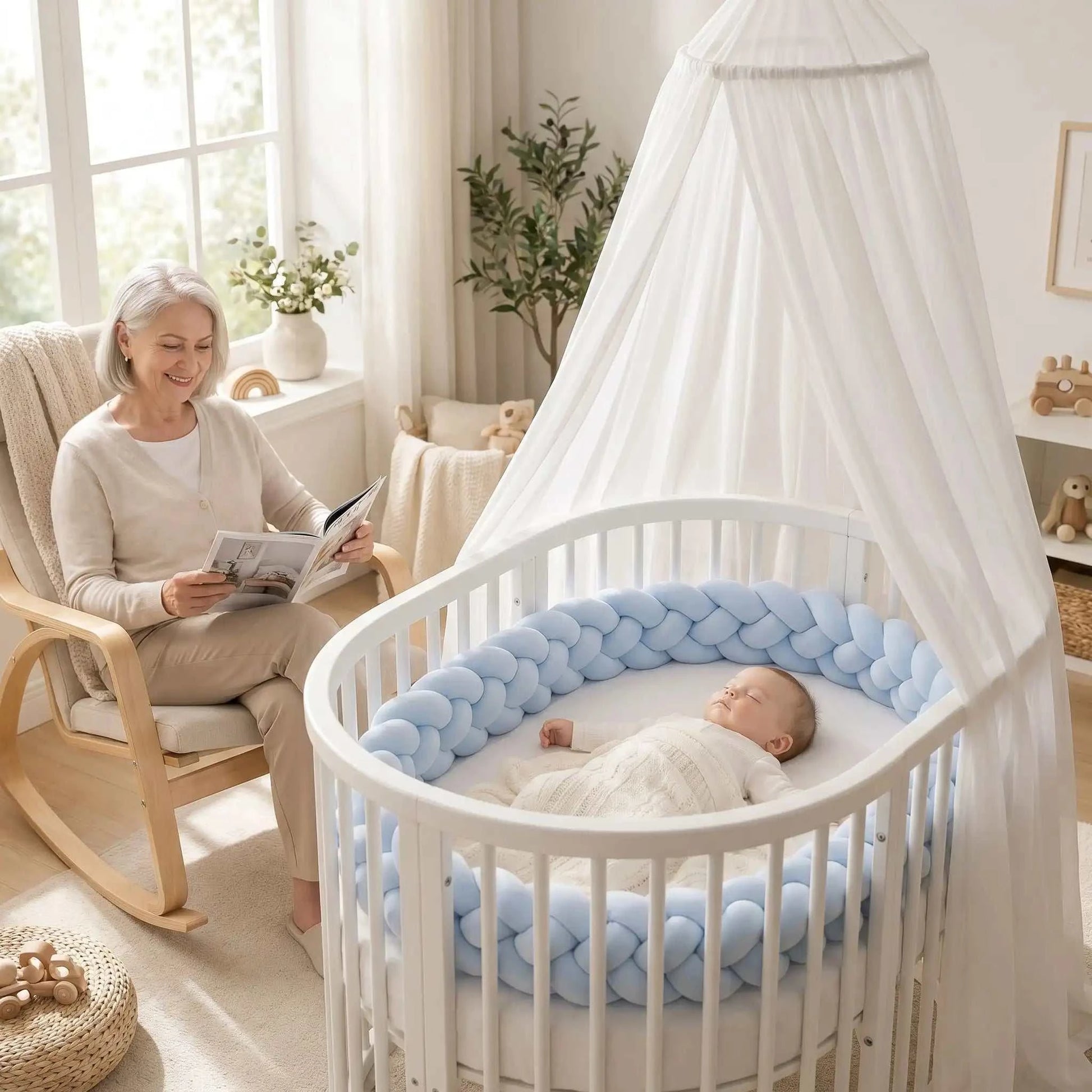 mamie a cote bébé dort dans son lit entourer de tresse tour de lit bleu 4brins