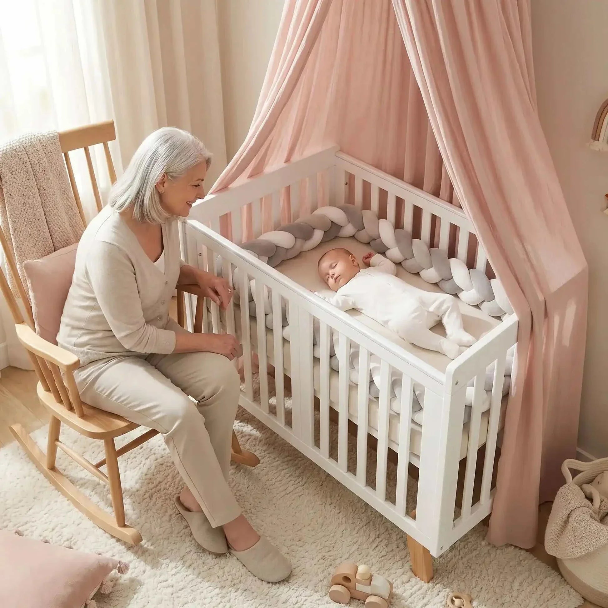 mamie a coté de bébé endormi dans son lit entouré d'un tour de lit tresse ultra-doux et protecteur