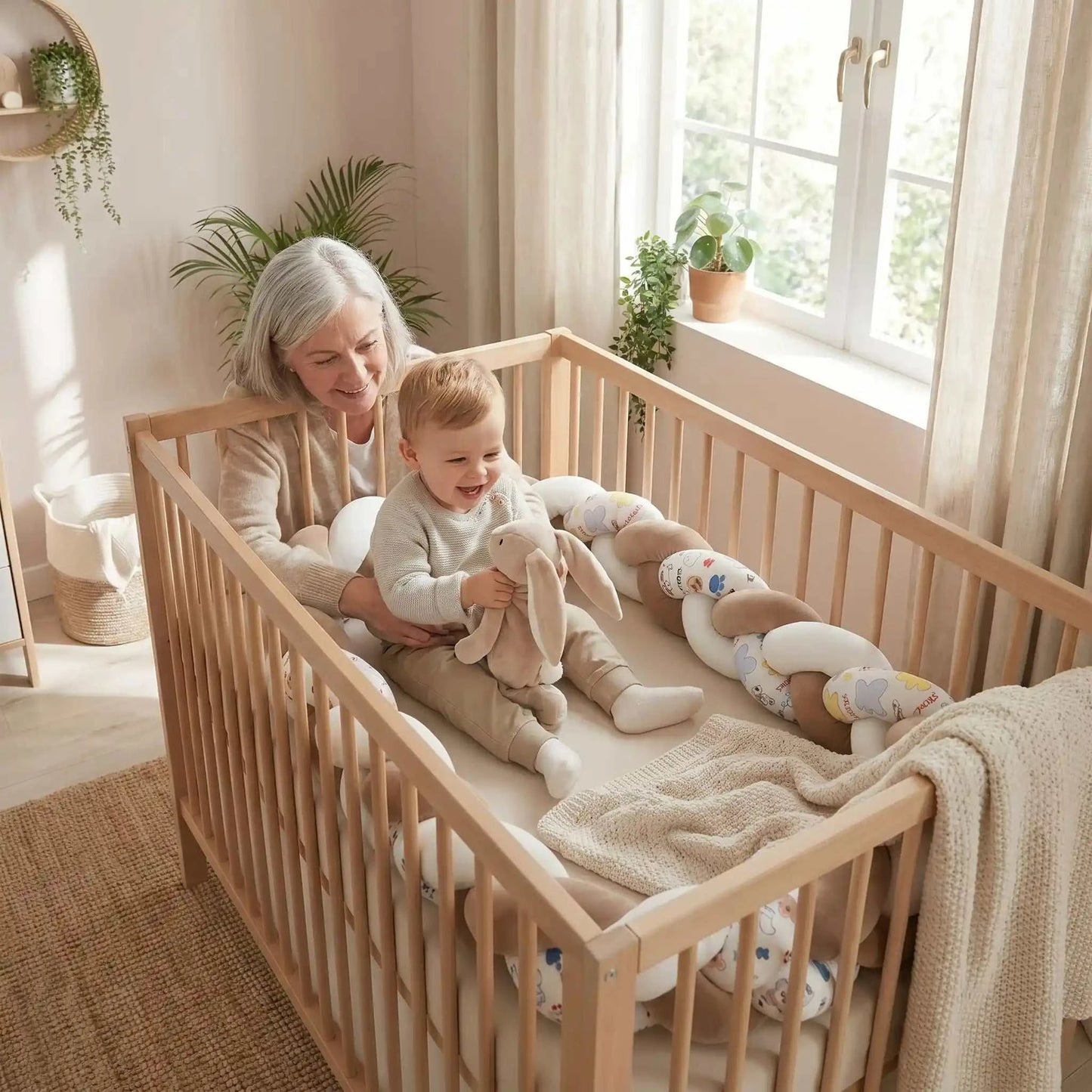 bébé endormi dans berceau entouré d'un tour de lit tressé doux et protecteur