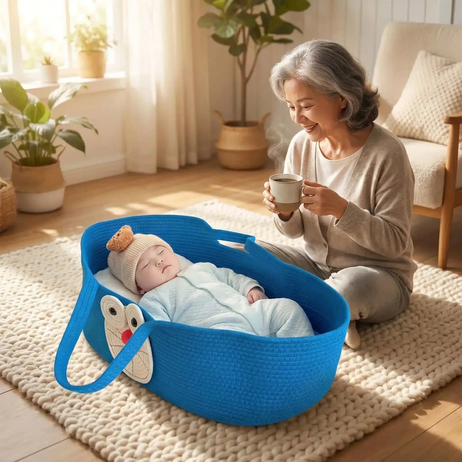 Mamie boit son thé pendant que bébé dort paisiblement dans son cocon bébé bleu portable