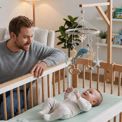 Mobile bébé à suspendre, en bois et cordelettes, orné de baleines, étoiles et animaux en feutre bleu, beige et gris.
