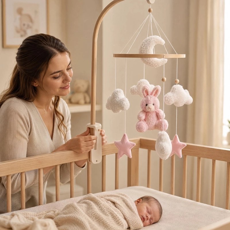 Mobile bébé | Sérénité en bois naturel, avec lapin rose en peluche, nuages, lune et étoiles suspendus.