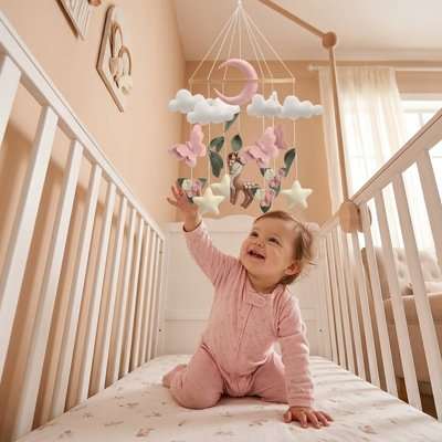 Mobile bébé fille avec figurines lune rose en feutre suspendues au-dessus du lit