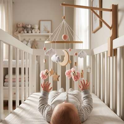 Bébé jouant avec un mobile pour bébé apaisant suspendu au-dessus du lit