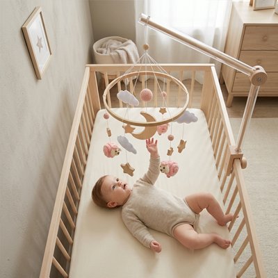 bébé joue avec mobile pour bébé apaisant suspendu au-dessus du lit