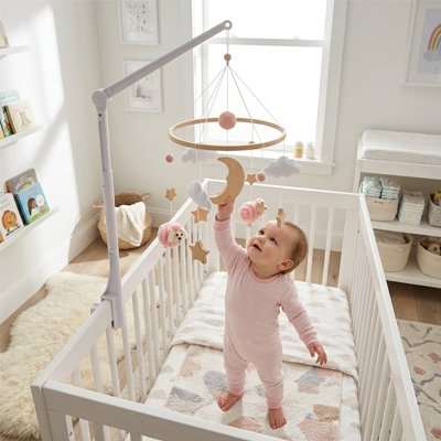 Bébé joue avec un mobile pour bébé apaisant suspendu au-dessus du lit