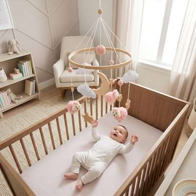 Bébé jouant avec un mobile pour bébé suspendu au-dessus de son lit pour éveil sensoriel apaisant