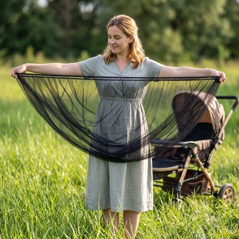 Moustiquaire poussette | Respira en filet noir transparent, tenue déployée devant une poussette pour en montrer l’ampleur.