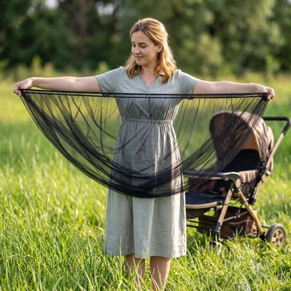 Moustiquaire poussette | Respira en filet noir transparent, tenue déployée devant une poussette pour en montrer l’ampleur.